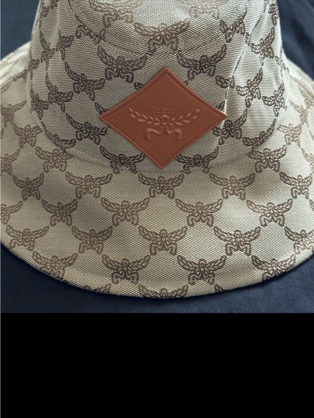 MCM Beige Canvas Monogram Bucket Hat with Brown Logo Patch